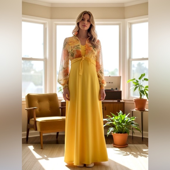 Vintage Dresses & Skirts - Vintage yellow maxi dress w/ cinched bust & matching sheer floral print jacket.